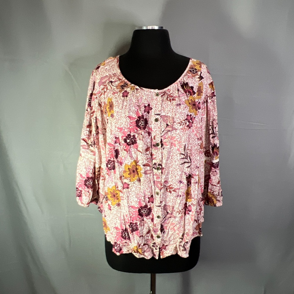 Knox Rose Peasant Blouse Top Womens 2XL Multicolor Rayon Floral Balloon Sleeves